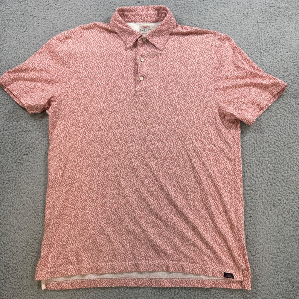 Faherty Mens Leaf Print Polo Shirt Salmon Pink Cotton Short Sleeve Large